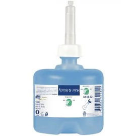 TORK 420602 Hair &amp; Body Mini folyékony szappan hajra és testre, friss unisex illatú, világoskék, 475 ml, 475 adag (8 flakon/karton)