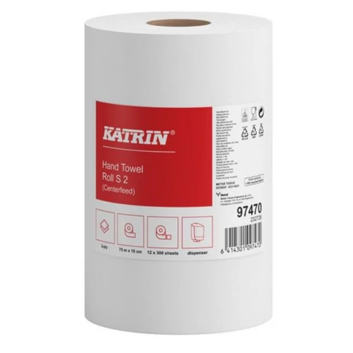 KATRIN 3389 Classic S2 belsőmagos kéztörlő papír, 2 rétegű, 14-es, hófehér (261 lap/guriga, 60 méter/guriga, 12 guriga/zsugor)