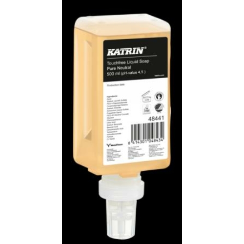 KATRIN 48441 érintésmentes adagolóba való folyékony szappan, Pure Neutral (illatmentes, szagsemlegesítő), 500 ml (455 adag/patron, 12 patron/karton) - ÖKO