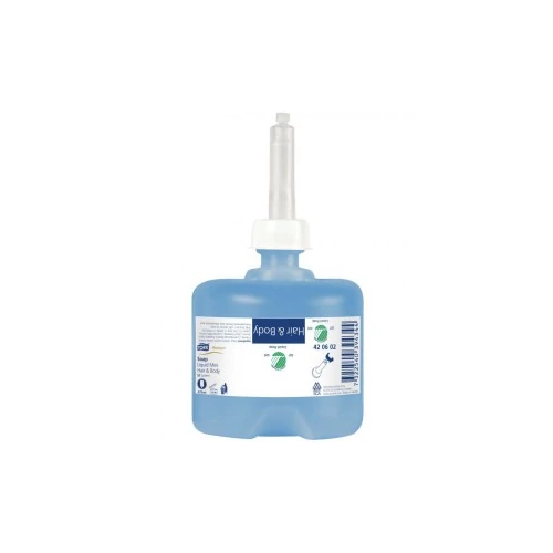 TORK 420602 Hair &amp; Body Mini folyékony szappan hajra és testre, friss unisex illatú, világoskék, 475 ml, 475 adag (8 flakon/karton)