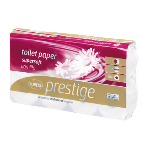 Wepa 036500 Prestige Supersoft Kamille (kamilla illatú) toalettpapír, 3 rétegű, hófehér (150 lap/guriga, 8 guriga/csomag)