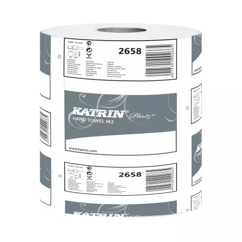 KATRIN 2658 Plus M2 belsőmagos kéztörlő papír, 2 rétegű, 19-es, magas minőségű, hófehér (391 lap/guriga, 90 méter/guriga, 6 guriga/zsugor)