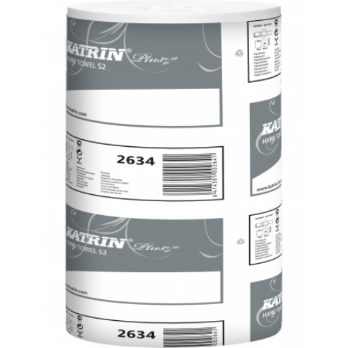 KATRIN 2634 Plus S2 belsőmagos kéztörlő papír, 2 rétegű, 14-es, magas minőségű, hófehér (261 lap/guriga, 60 méter/guriga, 12 guriga/zsugor) - ÖKO