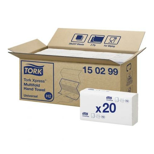 TORK 150299 Xpress Multifold Universal hajtogatott kéztörlő papír, 2 rétegű, 21x23 cm/lap, fehér (237 lap/doboz, 20 doboz/karton)