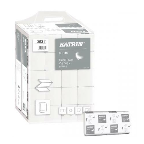 KATRIN 35311 (100645) Plus hajtogatott kéztörlő, 2 rétegű, hófehér (200 lap/csomag, 20 csomag/karton) - ÖKO