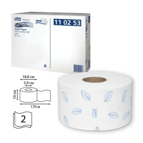 TORK 110253 Soft Mini Jumbo Premium toalettpapír, 2 rétegű, 19-es, fehér (850 lap/guriga, 170 méter/guriga, 12 guriga/zsugor)