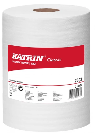 KATRIN 2603 Classic M2 belsőmagos kéztörlő papír, 2 rétegű, 19-es, hófehér (360 lap/guriga, 90 méter/guriga, 6 guriga/zsugor)